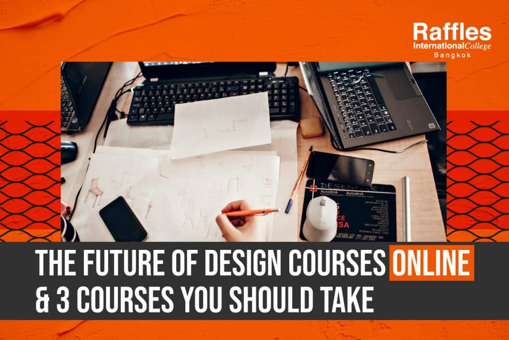 boy is sketching chair on a big piece of paper surrounded by laptop